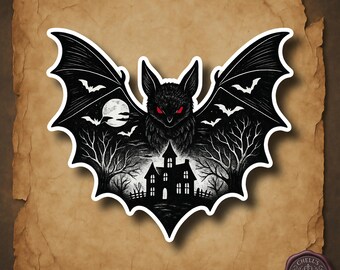 Gothic Bat Sticker, Haunted House Moon Decal, Creepy Cute Vampire Bat, Spooky Halloween Sticker, Red Eye Bat, Macabre Gothic Art
