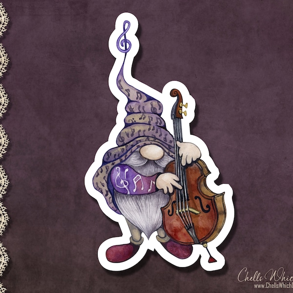 Cello Gnome, Double Bass Gnome Sticker, Available Holographic, Musical Gnome, Scandinavian Sticker, Rockabilly Gnome, Bluegrass Gnome