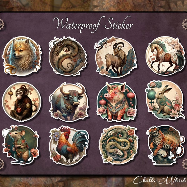 Chinese Zodiac Stickers, Year of the Rabbit, Holographic Option, Dog Dragon Goat Horse Monkey Ox Pig Rabbit Rat Rooster Snake Tiger Stickers