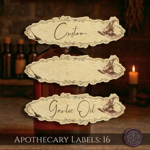 May include: Apothecary labels with a vintage aesthetic. The labels are cream-colored with decorative borders and feature a witch hat illustration. One label reads "Custom," and another reads "Garlic Oil." The image includes a dark brown bottle.