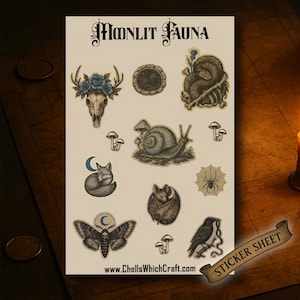 Sticker Sheet Moonlit Fauna, Gothic Woodland Stickers, Mystical Animal Stickers, Witchy Forest Creatures, Water-Resistant Stickers