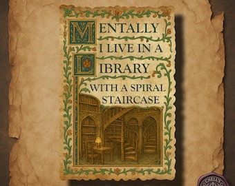 Medieval Library Sticker, Illuminated Manuscript Sticker, Spiral Staircase Art, Gothic Bookish Sticker, Bibliophile Gift, Dark Academia