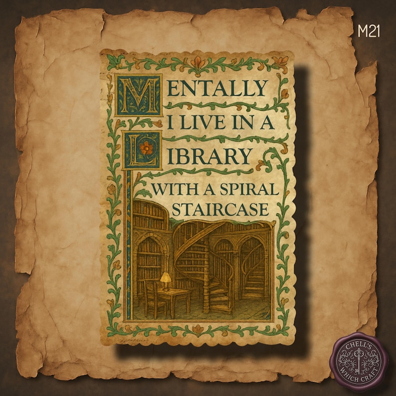 Medieval Library Sticker, Illuminated Manuscript Sticker, Spiral Staircase Art, Gothic Bookish Sticker, Bibliophile Gift, Dark Academia image 1