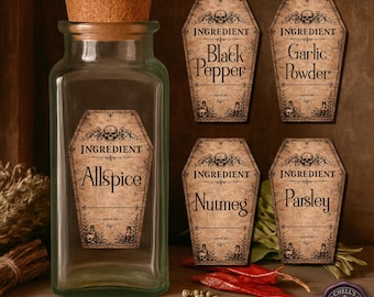 Apothecary Spice Ingredient Labels Gothic Coffin Kitchen Jar Stickers 2x1.25 Pantry Organization Custom or Pre-Printed