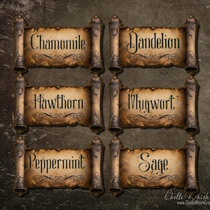 May include: Six vintage-style scroll labels with the names of herbs: Chamomile, Dandelion, Hawthorn, Mugwort, Peppermint, and Sage.