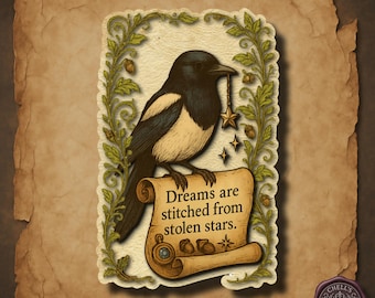 Magpie Sticker, Dreams Are Stitched from Stolen Stars, Gothic Forest Bird with Star Charm, Whimsical Quote Sticker, Cottagecore Bird Sticker