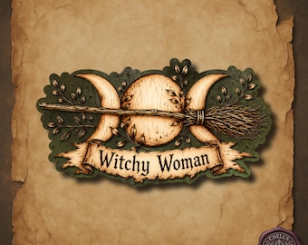 Witchy Woman Sticker, Triple Moon Broom Decal, Witch Aesthetic Gift, Cottagecore Gothic Sticker, Boho Witch Art