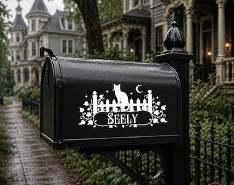 Personalized Black Cat Sign, Custom House Name, Cottagecore Mailbox Decor, Greenhouse Door Sign, Witchy Pantry Sign, Cat Lover Gift
