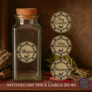 Victorian Rabbit round spice labels 20/40, Whimsical Rustic Herbal Apothecary kitchen organization