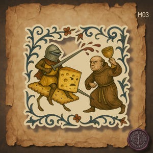 Medieval Sticker, Funny Marginalia Art, Cheese Knight vs Wine Monk, Illuminated Manuscript Humor
