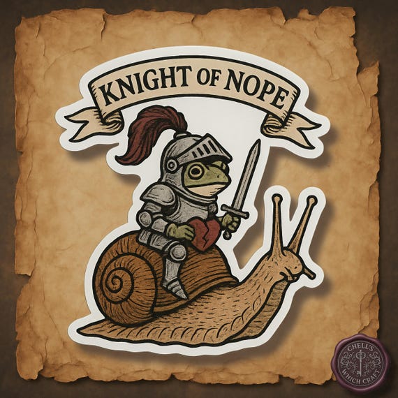 Funny Medieval Frog Sticker, Knight of Nope Sticker, Goth Cottagecore Humor, Sassy Snail Rider, Introvert Gift, Funny Bookish Sticker