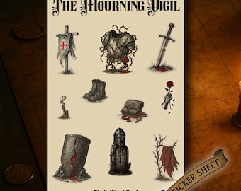 Sticker Sheet Medieval Gothic, The Mourning Vigil, Ink Art Relic Stickers, Dark Academia Stationery, Sword Armor Rose Cloak Stickers
