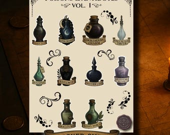Gothic Potion Sticker Sheet, Apothecary Bottle Stickers, Witchy Poison & Antidote Labels, Fantasy Alchemy Stickers, Dark Academia
