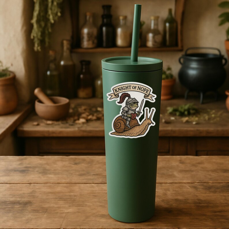 May include: A green tumbler with a straw and a sticker featuring a knight riding a snail, with the text "KNIGHT OF NOPE". The knight is holding a sword and a banner. The background is a wooden surface.