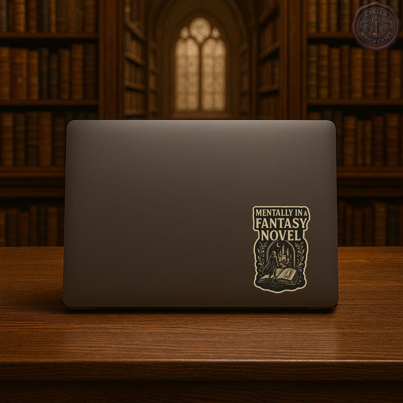 May include: A laptop with a sticker that reads "Mentally in a Fantasy Novel." The sticker features a detailed illustration of a person in a cloak, a book, and a castle. The laptop is on a wooden surface.