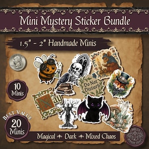 May include: A collection of mini stickers with a magical, dark, and mixed chaos theme. The stickers feature various designs, including a bee, skull, raven, cat, and fox. The stickers are handmade and range from 1.5 to 2 inches in size.