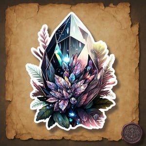Black Crystal Sticker, Magical Gemstone with Leaves, Fantasy Witchcore Decal, Holographic Herb Crystal Art, Naturecore Charm