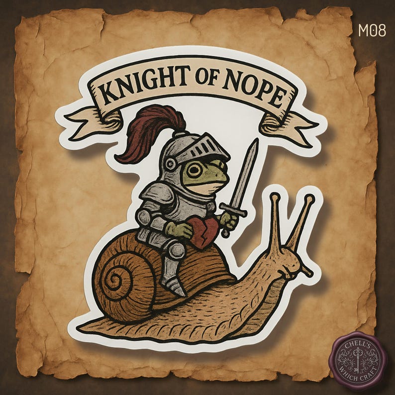 Funny Medieval Frog Sticker, Knight of Nope Sticker, Goth Cottagecore Humor, Sassy Snail Rider, Introvert Gift, Funny Bookish Sticker image 1