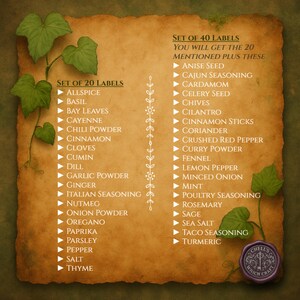Op de afbeelding: Een rechthoekig papier in perkamentstijl met onregelmatige randen, voorzien van twee kolommen met kruidennamen. De linkerkolom bevat 20 labels, waaronder Allspice en Thyme. De rechterkolom bevat 20 labels, waaronder Anise Seed en Turmeric. Groene wijnbladeren sieren de hoeken.