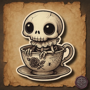 Creepy Cute Skeleton Sticker, Gothic Skeleton Sticker, Spooky Cute Sticker, Kawaii Skull Sticker, Teacup Sticker, Macabre Oddities