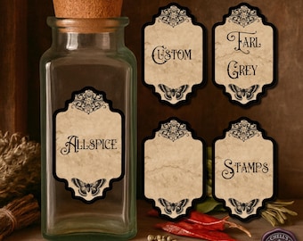 Apothecary Jar Labels 2" x 1.25" Tall Rectangle Vintage Spice Jar Stickers Witchy Kitchen Pantry Organization Custom Blank or Pre-Filled