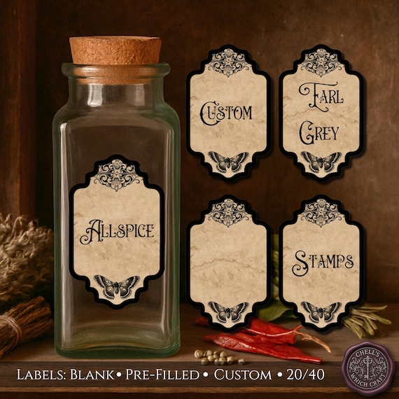 Apothecary Jar Labels 2" x 1.25" Tall Rectangle Vintage Spice Jar Stickers Witchy Kitchen Pantry Organization Custom Blank or Pre-Filled