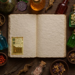 May include: An open, aged book with blank pages, surrounded by apothecary bottles, herbs, and a wax seal. A sticker on the left page reads "Mentally I live in a library with a spiral staircase."