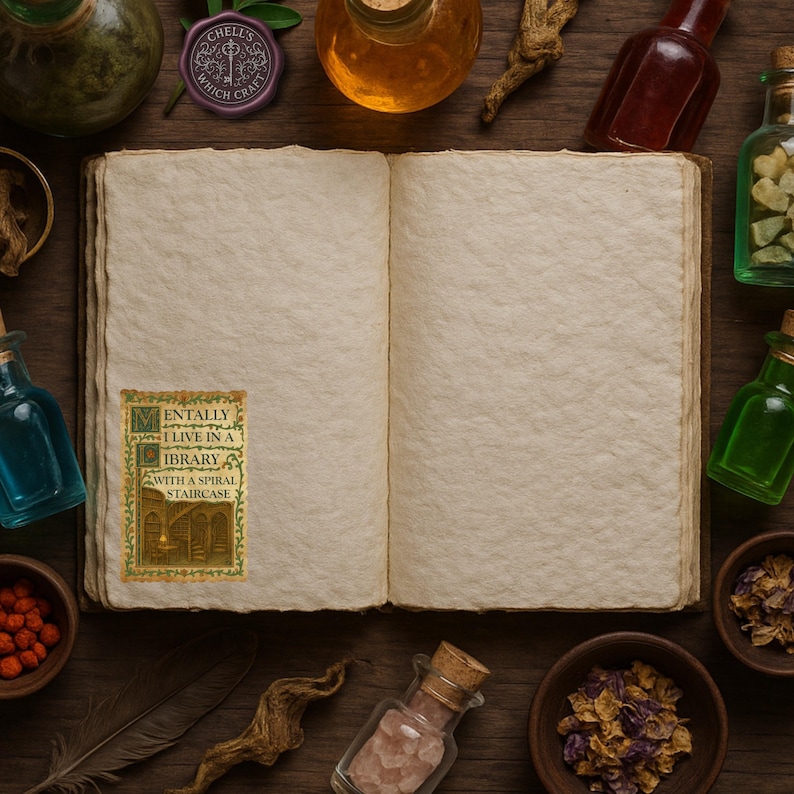 May include: An open, aged book with blank pages, surrounded by apothecary bottles, herbs, and a wax seal. A sticker on the left page reads "Mentally I live in a library with a spiral staircase."