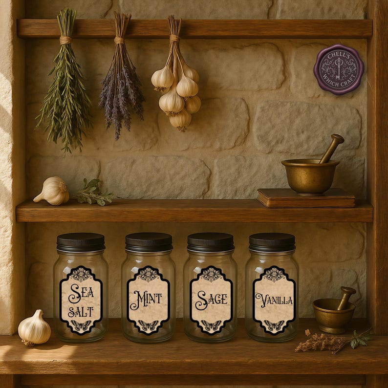 Op de afbeelding: Vier doorzichtige glazen potten met zwarte deksels en vintage-stijl etiketten met de tekst Sea Salt, Mint, Sage en Vanilla. Elk etiket heeft een decoratieve rand en een vlinderillustratie. De potten staan op een houten plank met knoflook.
