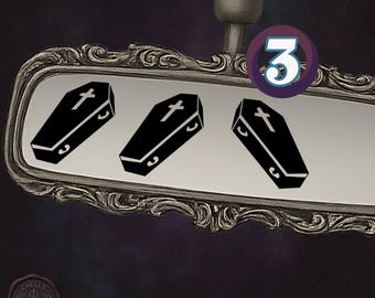 Mini Coffin Vinyl Decal Set (3-Pack) – Gothic Rearview Mirror Decals, Small Dark Aesthetic Stickers, Spooky Car Accessories