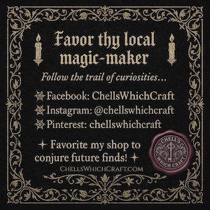 May include: Black background with ornate gold-colored border and text. The text reads "Favor thy local magic-maker" and "Follow the trail of curiosities..." with social media handles. A purple seal with a key is in the bottom right.