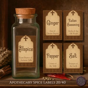 Celtic Medieval Spice Labels, Pre-Filled Apothecary Pantry Stickers, Rustic Herb Jar Tags, Old World Kitchen Bottle Label Set