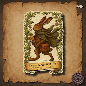 Forest Rabbit Sticker, Smallest Steps Carry Us Forward, Whimsical Woodland Hare with Scroll and Cloak, Motivational Animal Quote Sticker