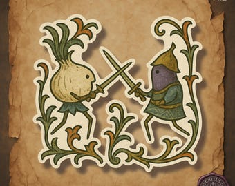 Medieval Onion vs Eggplant Duel, Illuminated Manuscript Sticker, Marginalia Art
