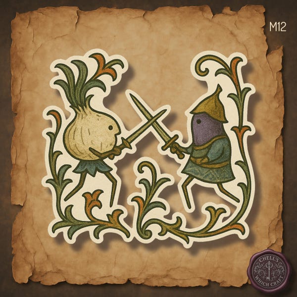 Medieval Onion vs Eggplant Duel, Illuminated Manuscript Sticker, Marginalia Art