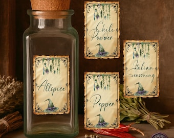 Witchy Spice labels 20/40 stickers, Witch Hat Crystals Herbs, Witchcraft Whimsical,  Apothecary kitchen organization, Herb Jar Label Set