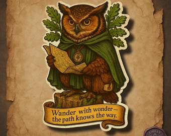 Owl Sticker, Wander With Wonder Quote, Forest Animal with Map and Compass, Woodland Pathfinder Sticker, Whimsical Adventure Animal