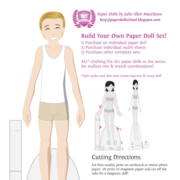 Build Your Own Set Instant Download Paper Doll - Male Light Skin Tone, Blond Hair