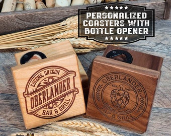 Personalized Coaster with Opener | Solid Cherry or Walnut |Laser Engraved