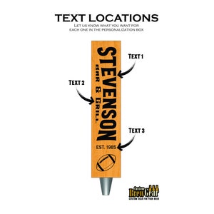 Text locations on our Laser engraved personalized beer tap handle. Available in cherry or walnut.