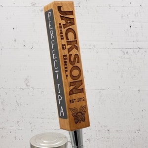 Cherry version of our Laser engraved personalized beer tap handle.