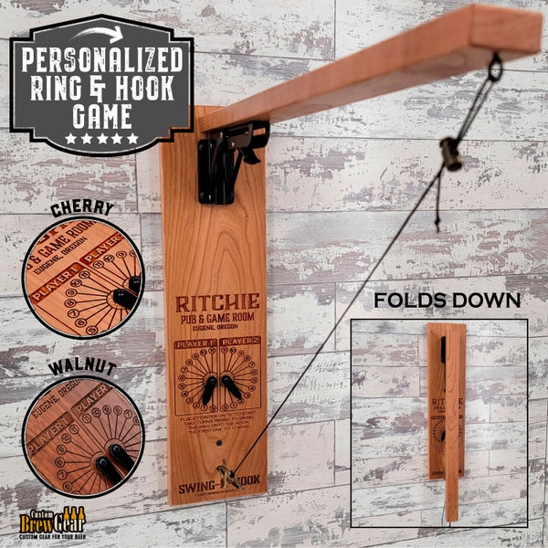 Folding Wall Mount Ring and Hook Game-Solid Cherry or Walnut Edition | Personalized Game | Custom Pub Game | Bimini Game | Family Game