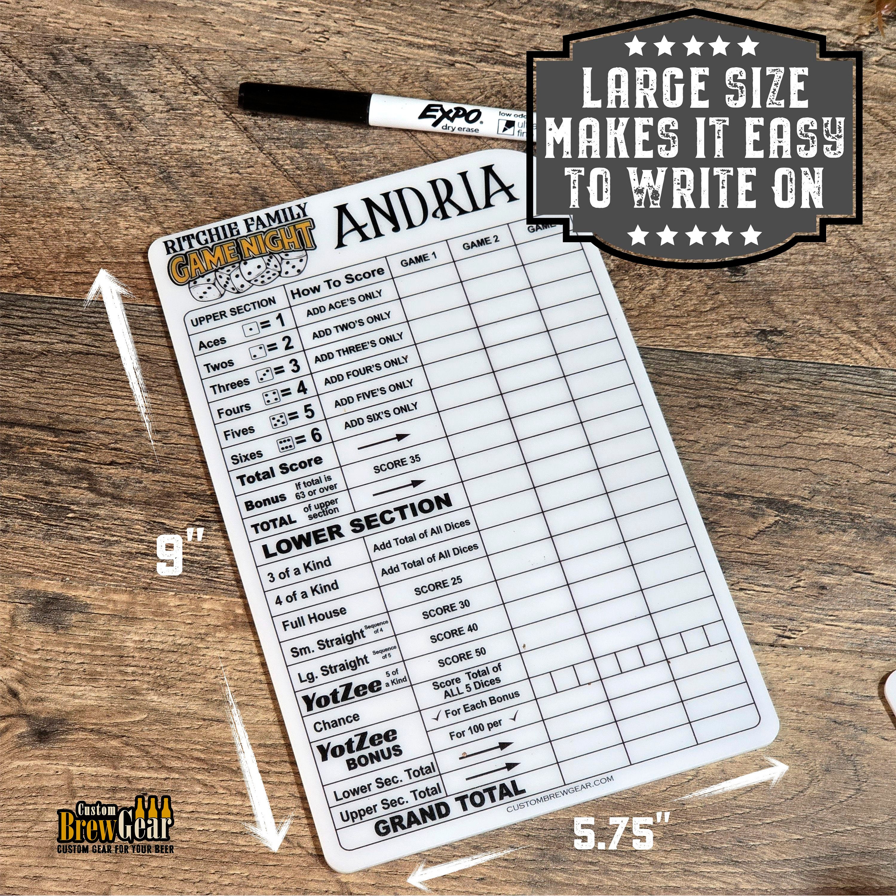 Personalized Dry Erase Dice Game Score Sheet, Used with Yahtzee, Farkle and More, Family Game Night Score Sheet