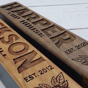 Closeup of engraving on our Laser engraved personalized beer tap handle. Available in cherry or walnut.
