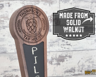Walnut Custom Beer Tap Handle with Chalkboard Insert, Hop Edition, Personalized Laser Engraved Kegerator Tap Handle