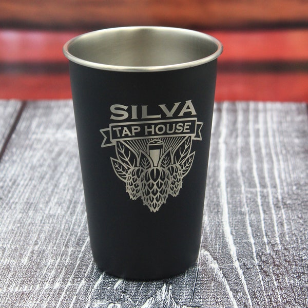 Personalized Stainless Steel Pint Glass, Black Engraved Beer Pint Glass