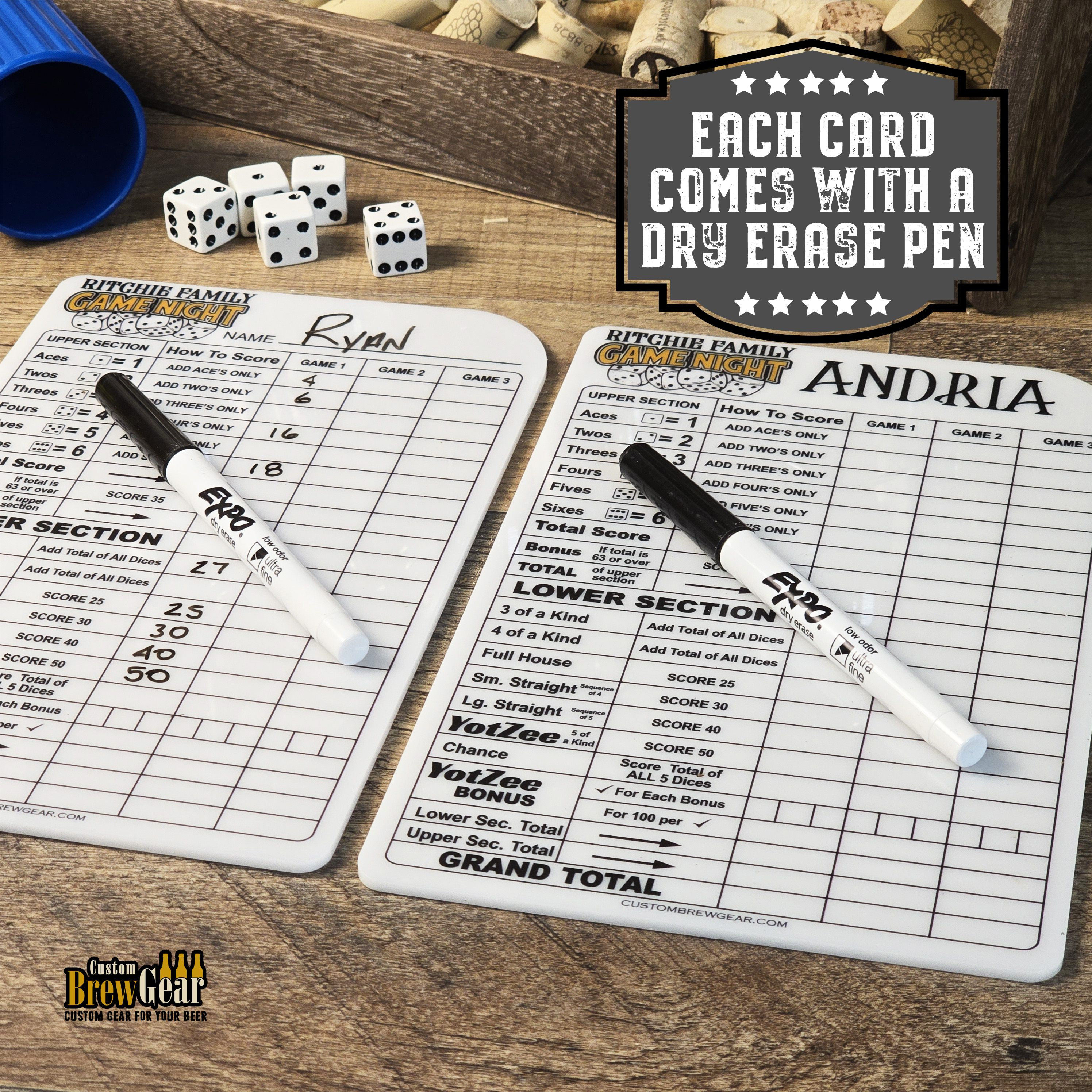 Personalized Dry Erase Dice Game Score Sheet, Used with Yahtzee, Farkle and More, Family Game Night Score Sheet