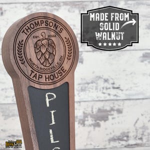 Walnut Custom Beer Tap Handle with Chalkboard Insert, Hop Edition, Personalized Laser Engraved Kegerator Tap Handle