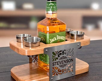 Personalized Whiskey or Tequila Bottle & Shot Glass Stand