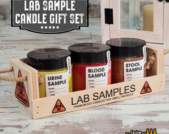 Medical Lab Sample Candles, Stool Sample, Urine Sample, Blood Sample Gift Set in Wooden Crate, Nurse Gift, Doctor Gift, Funny Medical Gift